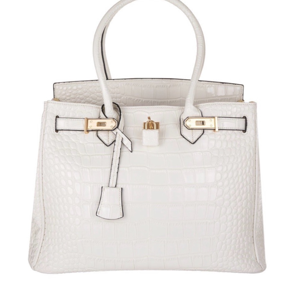 De-Vesi Elegant White Faux Crocodile-Embossed Handbag